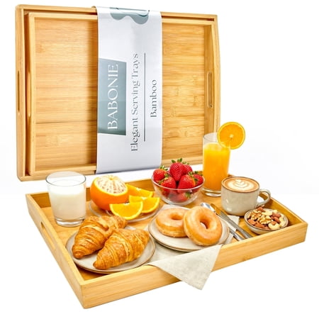 Babonie Stackable Rectangular Natural Bamboo Serving Trays with Cutout Handles, Set of 2, 17x13 inch and 16x12 inch