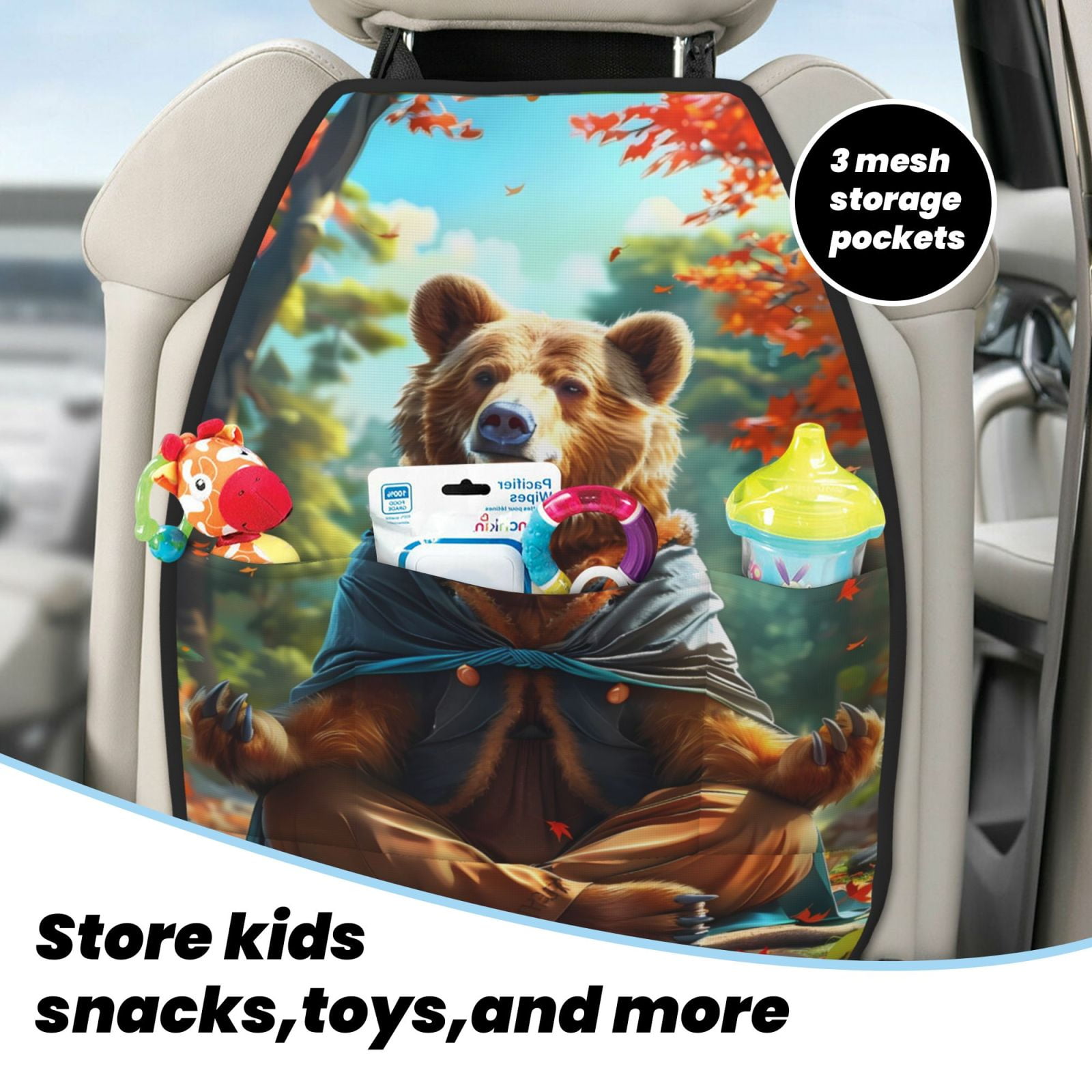 Xecao Maple Meditating Bear Pattern Car Seat Back Protector 2 Pack Large Capacity Pocket, Kick Mats Back Seat Protector