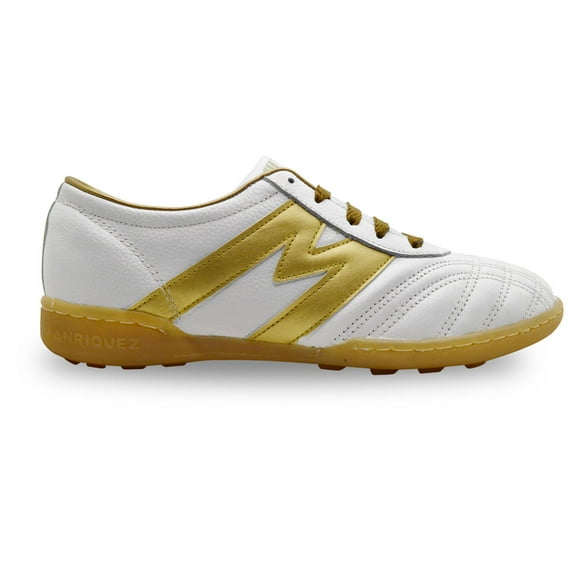 Manriquez Botines de fútbol piel tachones turf césped artificial blanco oro