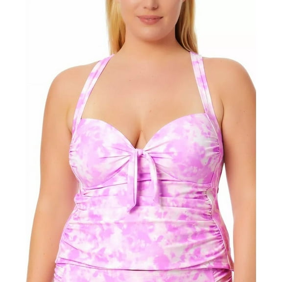 California Waves Trendy Plus Size Tie-Dye Molded-Cup Tankini Top Sunkissed Sunrise Lavender 0X