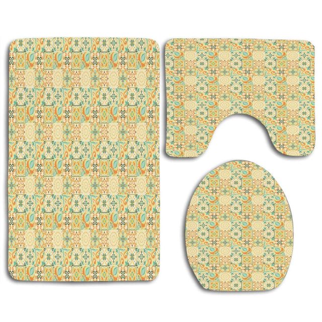 ABPHQTO Flores rizadas de estilo italiano pálido marroquí en cuadrados Composición artística retro Juego de alfombras de baño de 3 piezas Alfombra de baño Alfombra de contorno y tapa de inodoro ABPHQTO Cont-CHAPPLE-38550