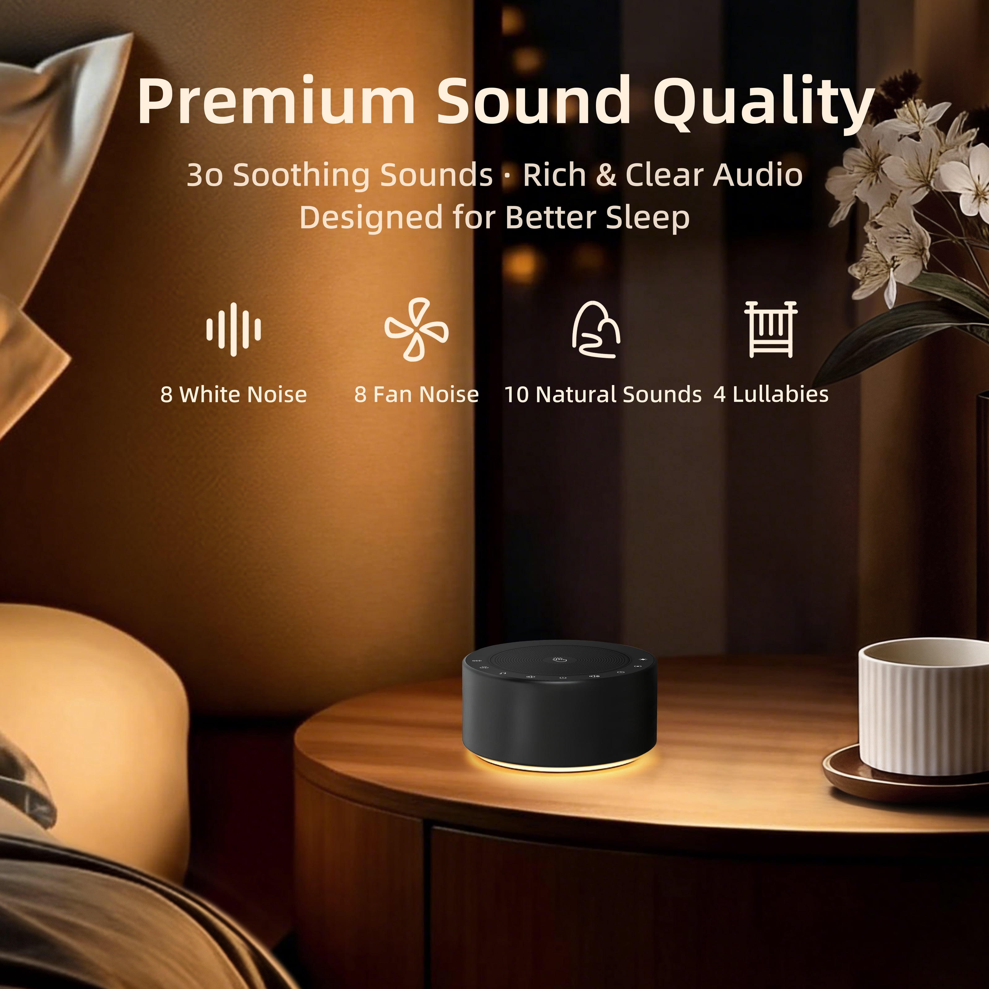 Kipcush White Noise Sound Machine with Night Light, 30 Soothing Sounds for Baby & Adults  Black