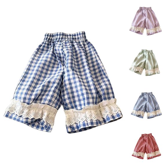 Bixock Girls Loungewear Pants High Waist Wide Leg Pants Kids Cropped Elastic Waist Plaid Print Lace Loose Light Weight Breathable Fall Casual Wear Size 2-3Years