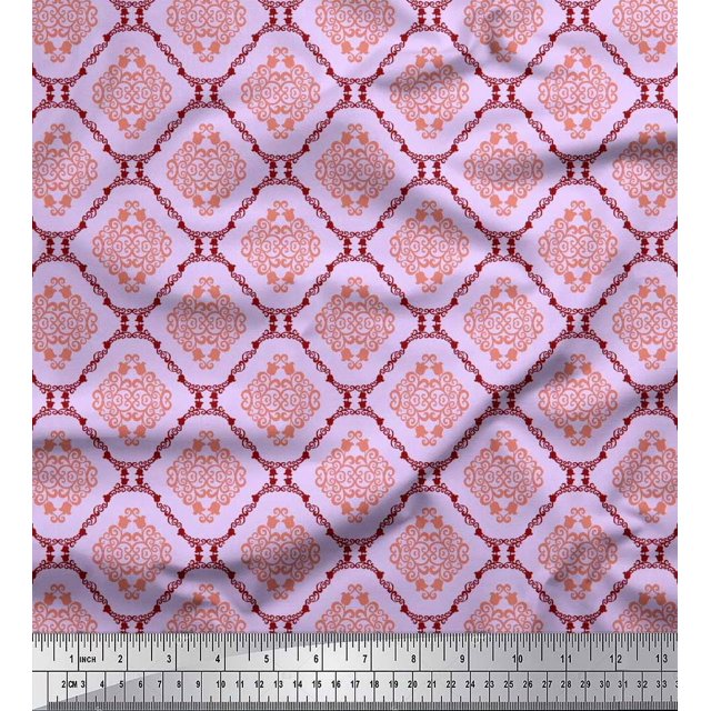 Soimoi Silk Fabric Flamingo & Moroccan Damask Decor Fabric Printed Yard 42 Inch Wide