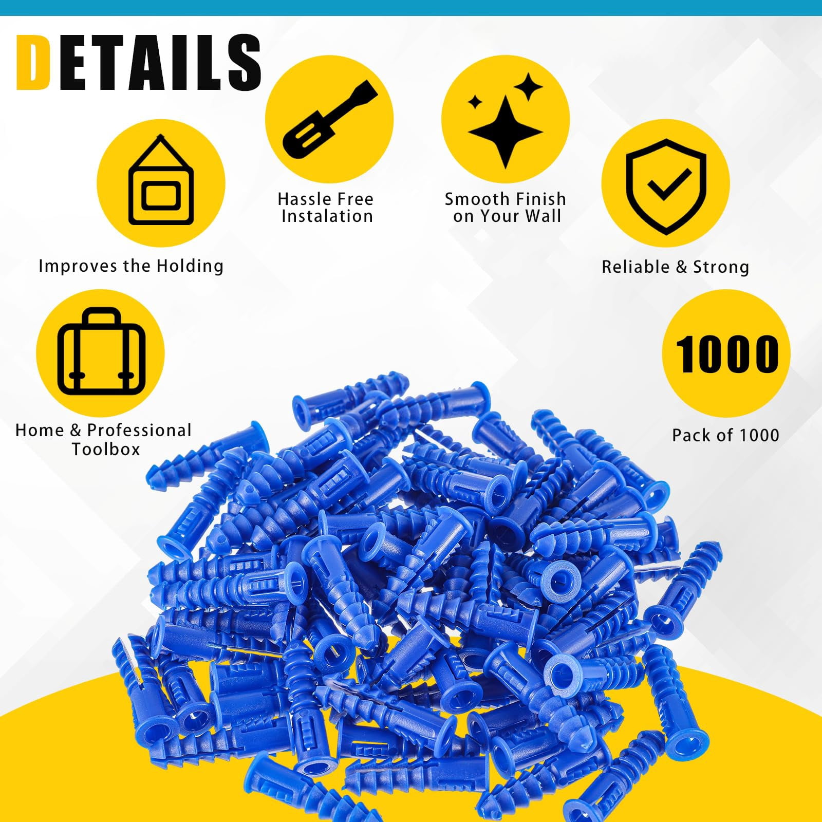 500 Pcs #8-10-12 x 1-1/4 Inch Ribbed Lightweight Plastic Anchors Drywall Anchors for Hollow Walls Pictures Artwork Decor Light Duty Anchoring Application (Blue)
