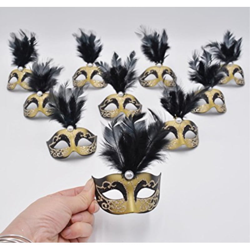Yiseng Mini Masquerade Masks Party Decorations 12pcs Pack Luxury Pearl Feather Mardi Gras Small