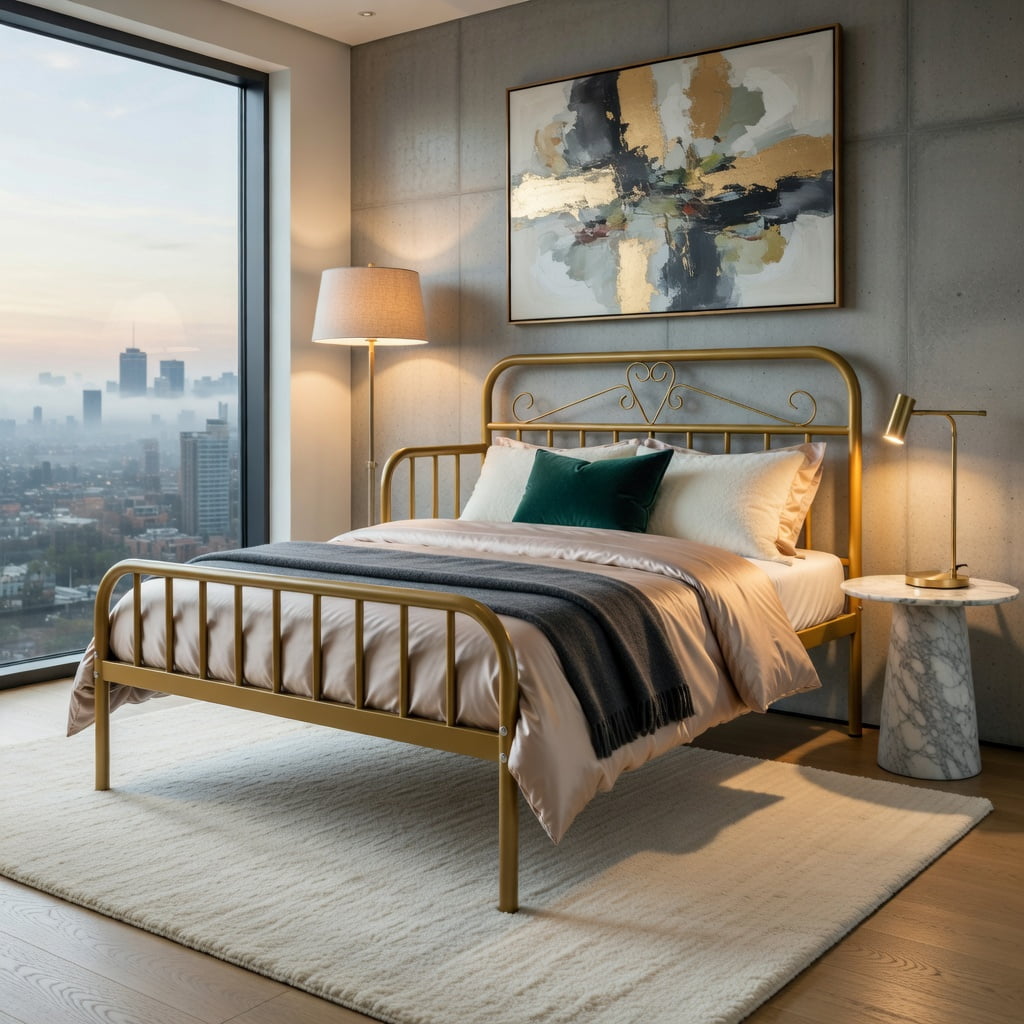 Yardi Yarda Twin Size Bed Frame with Headboard and Safety Side Guardrails, Simple Bed Frame for Indoor, Gold