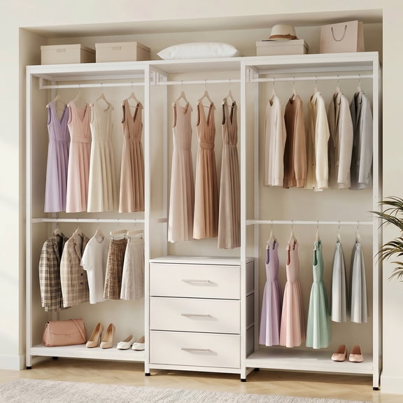 Homieasy 39.5'' - 65.5" W Closet System with Drawers and Hanging Rods, White