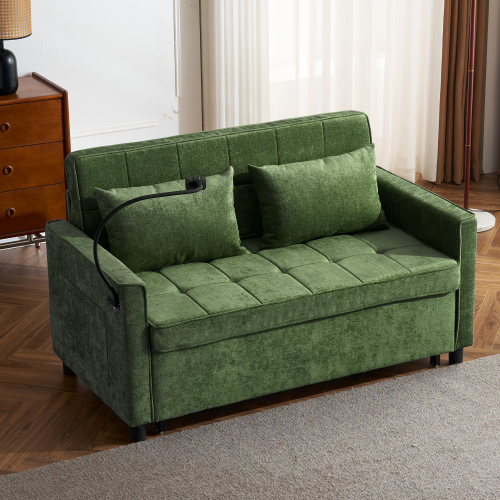 56.9" Loveseat Pull-Out Sofa Bed, Convertible Sleeper Sofa with Reversible Backrest, USB Ports & Phone Holder, Chenille Couch for Living Room, Green