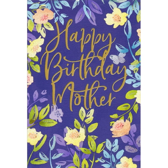 Pictura Yellow and Orange Sparkling Floral Border on Purple Birthday Card for Mother