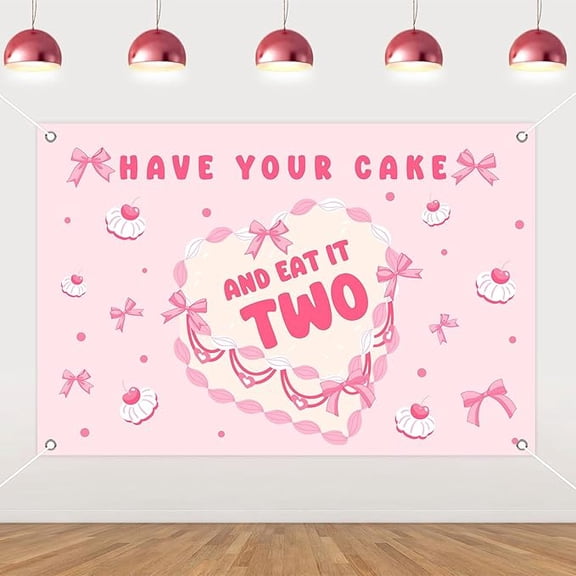 Two Sweet Birthday Party Decoration Girl, Have Your Cake and Eat It Two Birthday Decoration Backdrop Banner 5×3ft Pink Bow Photography Background for 2nd Birthday Decoration for Girl