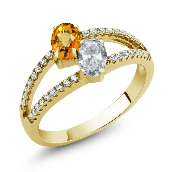 Gem Stone King 1.46 Ct Oval Yellow Sapphire White Topaz 18K Yellow Gold Plated Silver Ring (Size 5)