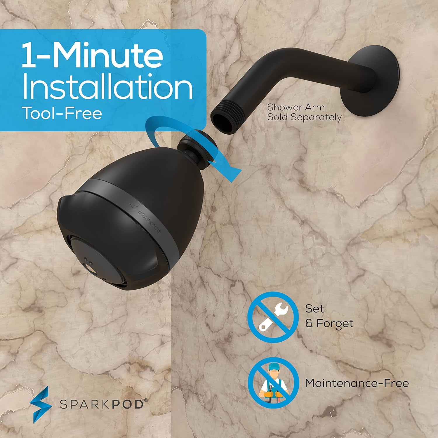 SparkPod High Pressure Shower Head - Rain, Massage & Pulsating Modes, Water-Saving, Wall Mount (Black Matte)