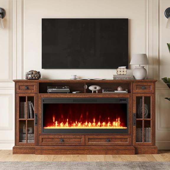OKD TV Stand with Fireplace for 80 inch TVs, Farmhouse Entertainment Center with Storage, Reclaimed Barnwood