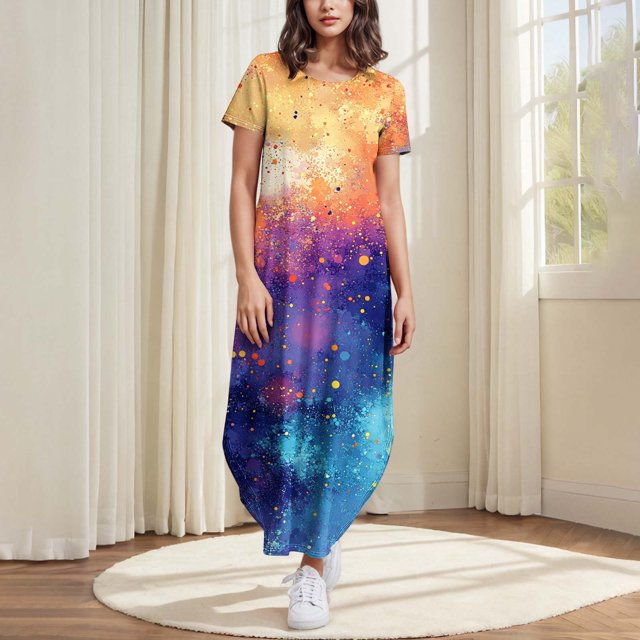 Ovzne Robes pour Femmes Robe pour Femme Robes pour Femmes Été Décontracté Imprimé Floral Col Rond Manches Courtes Poches Imprimé Robe Longue Robe pour Femmes Manches Courtes Robes Longues Imprimées Cl