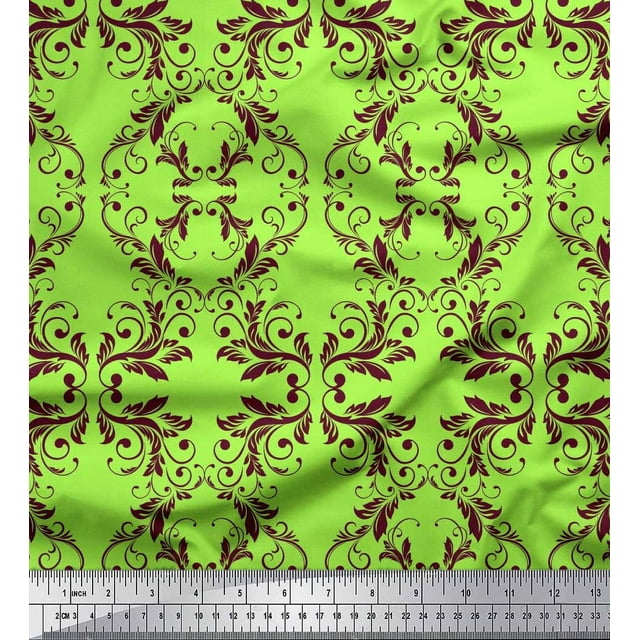 Soimoi Green Silk Fabric Quaterfoil Damask Print Sewing Fabric Yard 42 Inch Wide