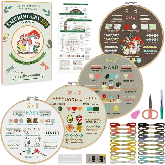 Yippzo Embroidery Kit for Beginners, 4 Stages to Learn 38 Stitches, Includes Multiple Accessories, Gift for Craft Lovers.
