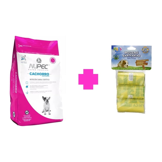 Paquete de alimento Nupec cachorro razas pequeñas 8 kg y 60 bolsas sanitarias Fancy Pets