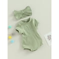 thumbnail image 3 of Spewahor Baby Girl 2 Piece Outfits Solid Color Short Sleeve Romper with Bow Headband Set Summer Clothes, 3 of 9