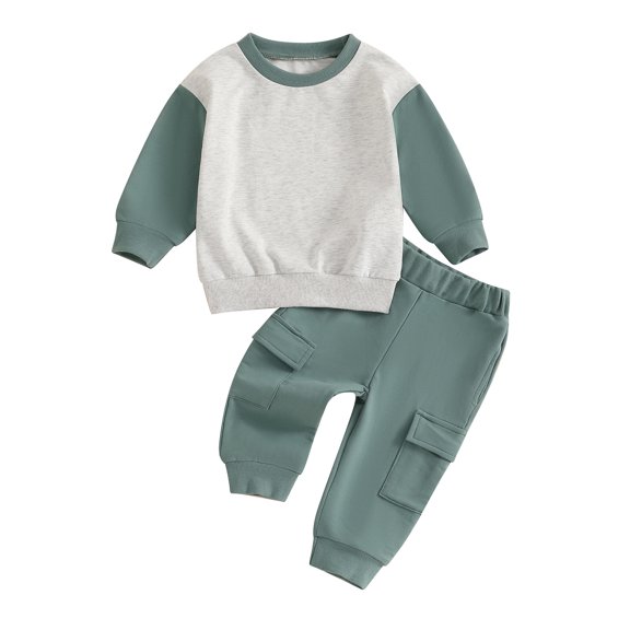 Baby Toddler Boy 2Pcs Fall Outfit 3 6 12 18 24 Months 2T 3T Long Sleeve Contrast Color Sweatshirt Cargo Pants Set Clothing