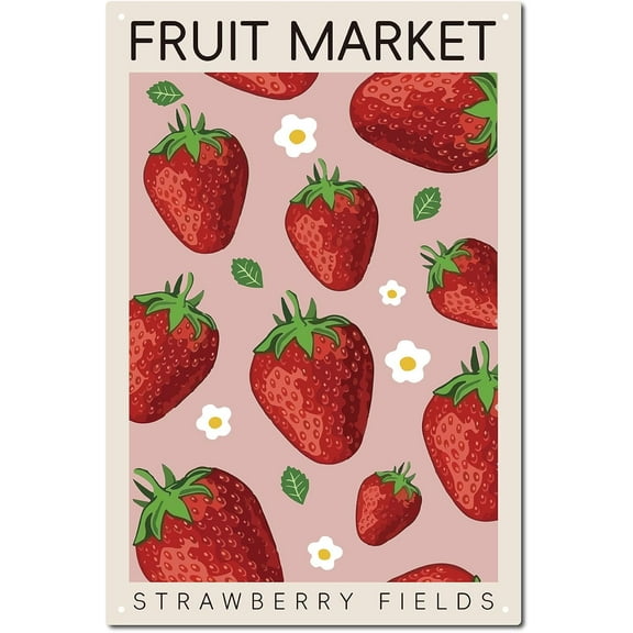 Strawberry Vintage Sign Metal Tin Sign Poster Retro Painting Plaque Iron Sign Wall Decor Art Mural Hanging Kindly Reminder Sign for Farm Home 12 x 8 Inch-FRUIT MARKET STRAWBERRY FIELDS Colorful