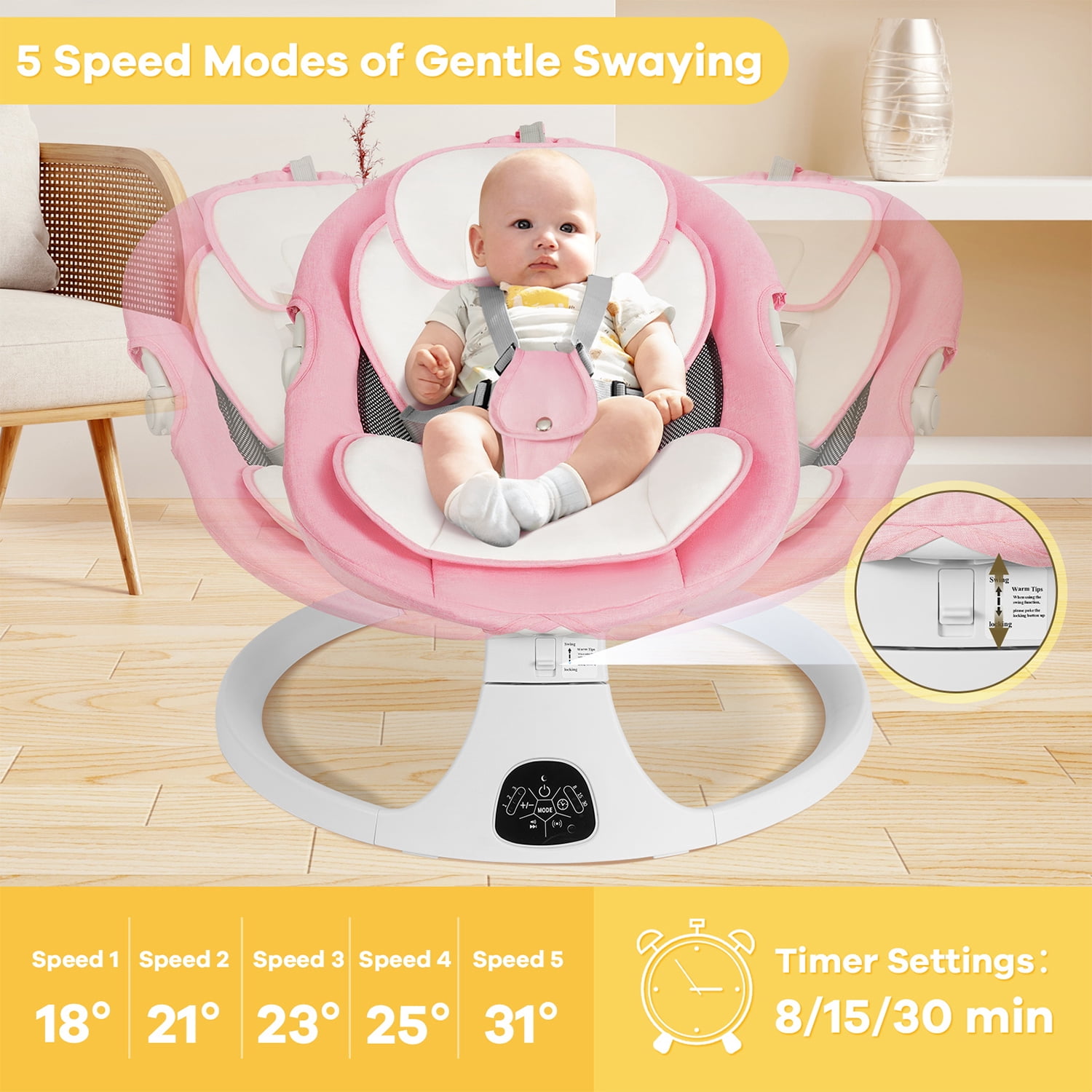 Baby Swing for Infants, Unisex Baby Bouncer, Bluetooth Music for 0-18 months, 5 Sway Speeds, 10 Lullabies,PINK