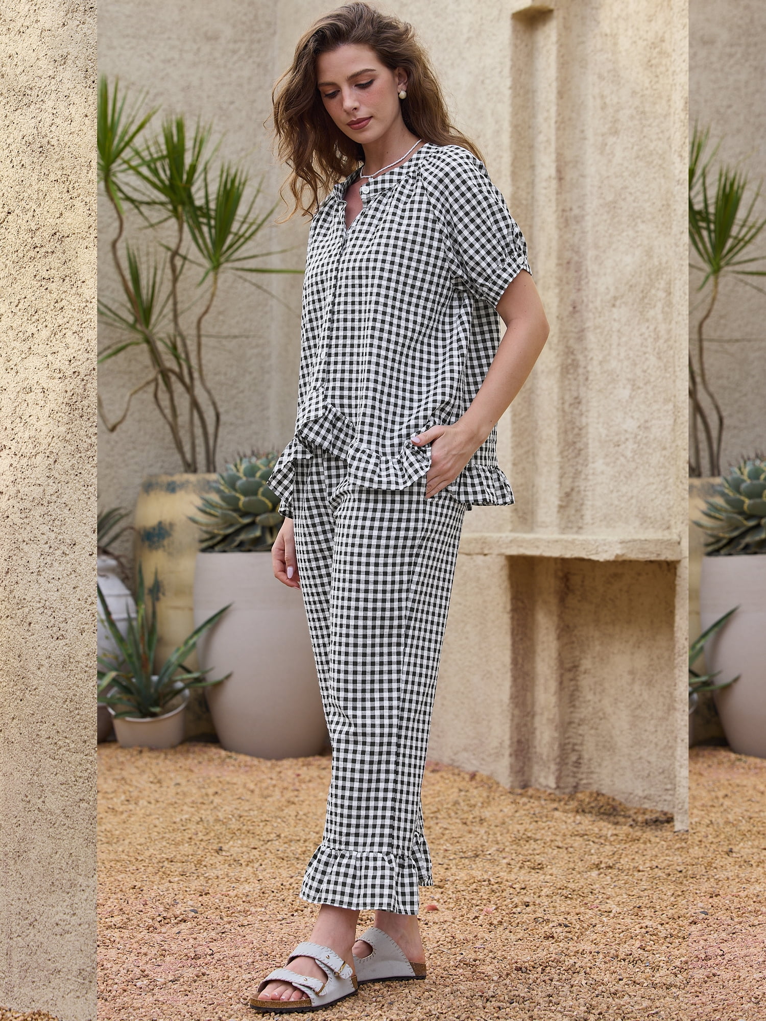 DARING DIVA Women's 2 Piece Pajamas Sets Gingham Short Sleeve Babydoll Shirt L Black