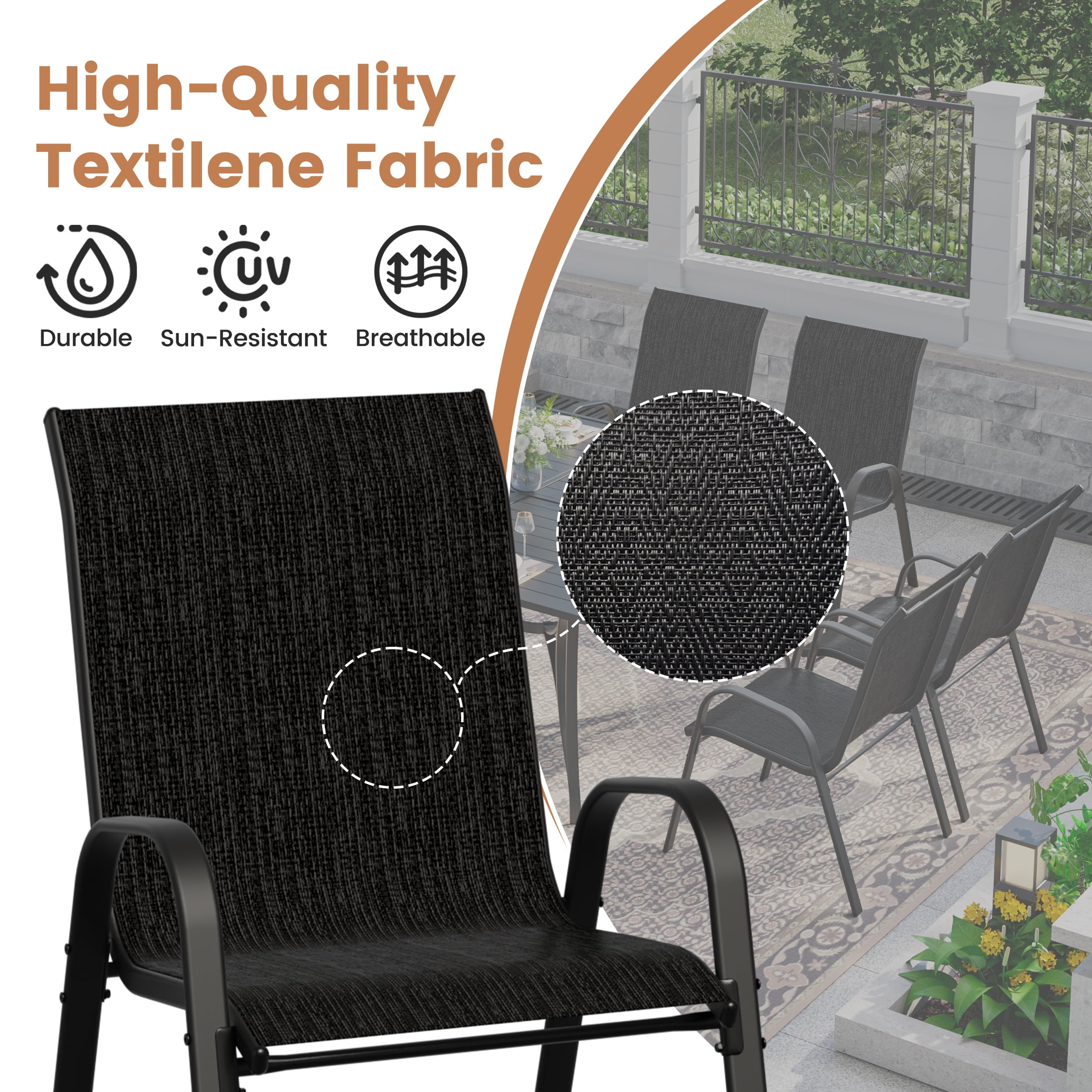 ELPOSUN 9-Piece Outdoor Patio Dining Set, 8 Textilene Chairs & Large Square Steel Table with Umbrella Hole, All-Weather Furniture for Garden, Balcony,Black