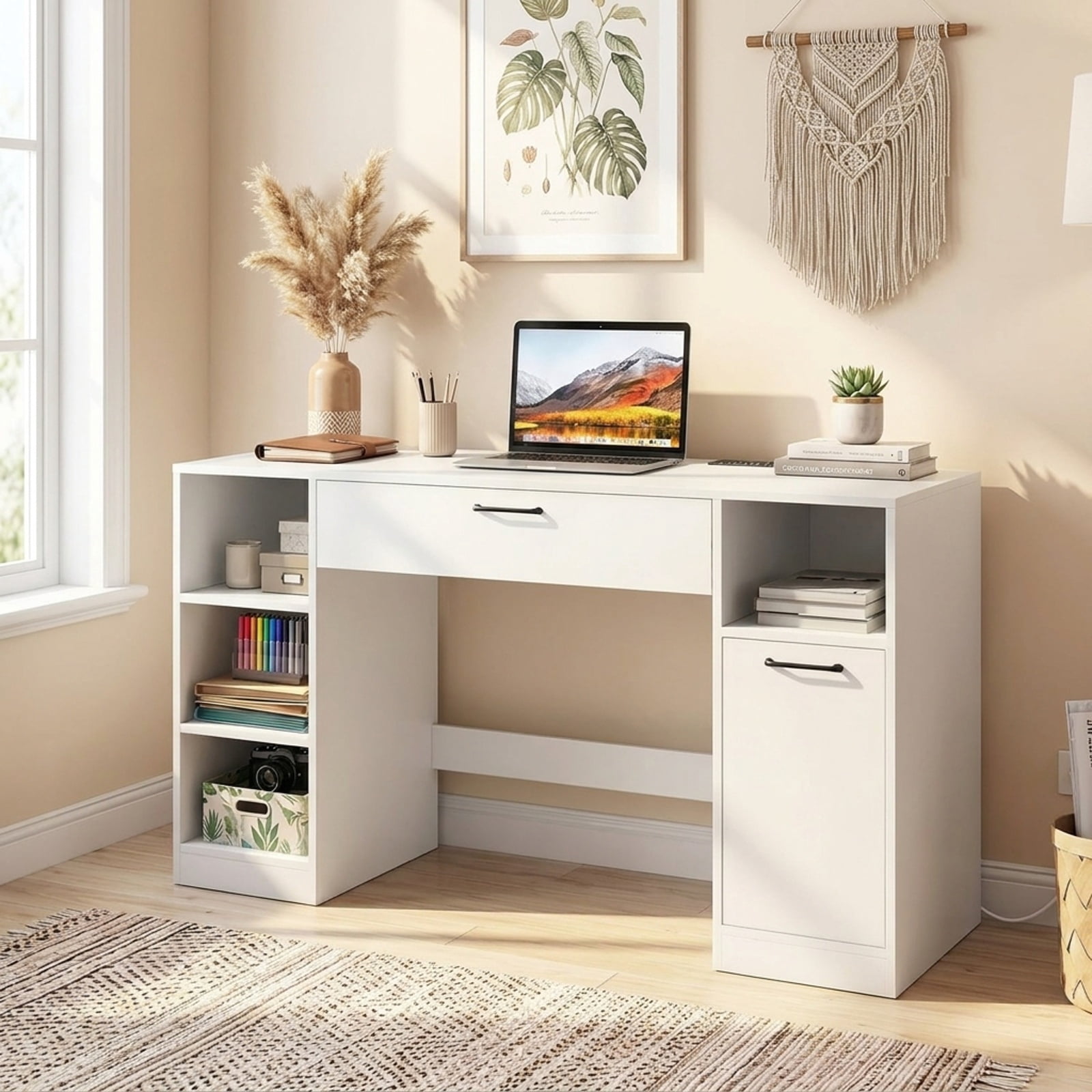 Furnibear Sewing Table Craft Station Desk with Power Outlets 2 Drawers and Open Compartments for Home Office Crafting Work, White