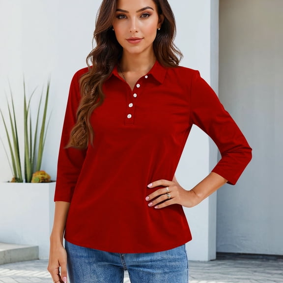 Nestiefly Women's Polo Shirt 3/4 Length Sleeve Tops Collared Button Down Golf Tee Casual Spring Summer Work T Shirts Red M