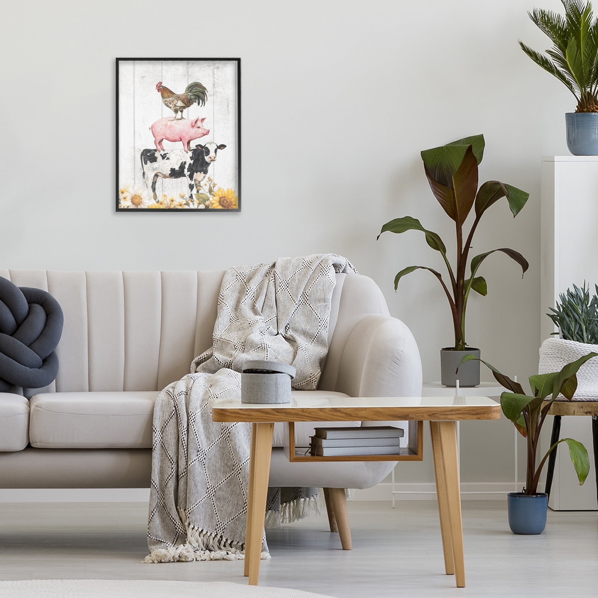 Stupell Industries Farm Animal Stack and Sunflowers Black Framed Giclee Art, design by Christine Simpson Art