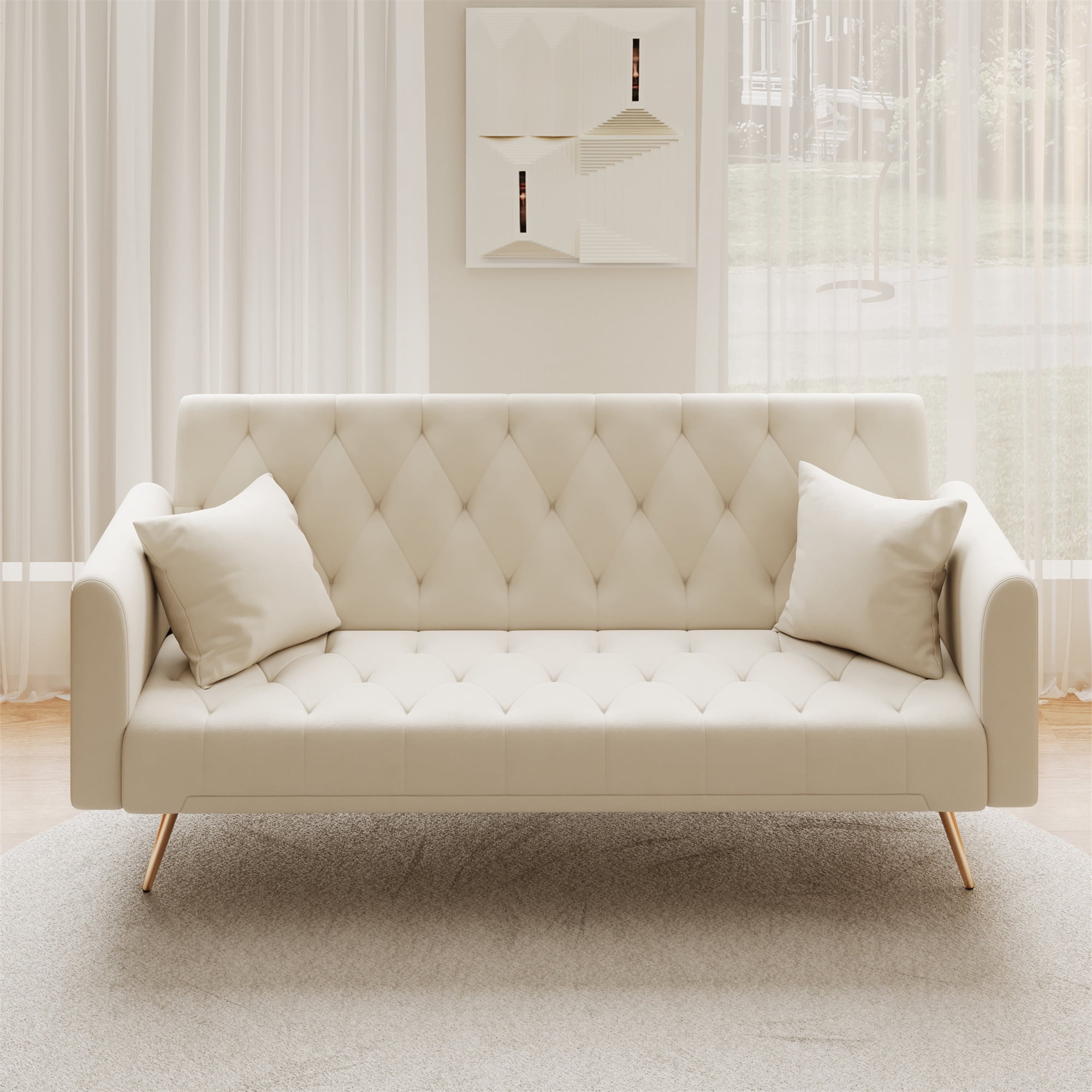 Aukfa Curved Arm Futon Convertible Sofa Bed for Home Office, 2 Pillows, Tufted Back, Velvet, Beige