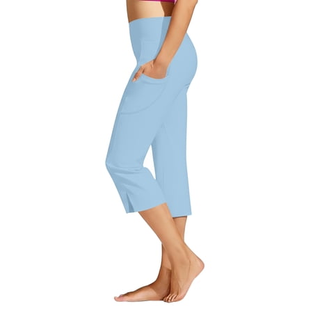 FYEGRE Capri Pants for Women High Waist Workout Yoga Pants with Pockets Tummy Control Leggings Crop Straight Sky Blue S