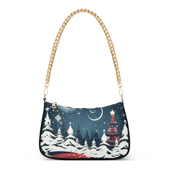 Womens Chain Shoulder Bag Christmas Trees with Moon Classic Tote Handbags Fashion Clutch Hobo Purse with Zipper for Travel Casual