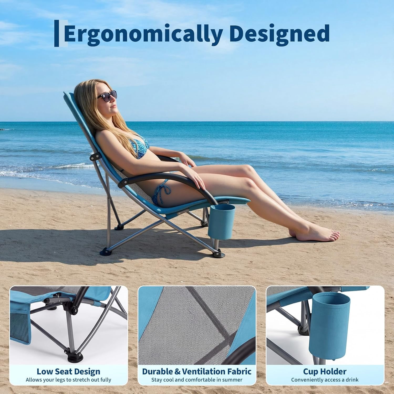 Garvee Low Back Folding Beach Chair, Set of 2, 24.8 x 22.9 x 26.4