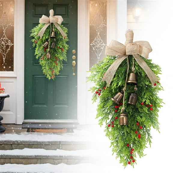 Miommo Christmas Bell Teardrop Swag, 24 Inch Pre-decorated Wreath with Linen Bow, Lifelike Artificial Swag for Front Door Indoor Outdoor Holiday Decor