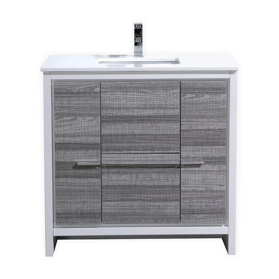 Kubebath 36″ Ash Gray Modern Bathroom Vanity with White Quartz Counter-Top