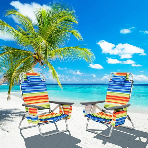 Costway Lot de 2 Chaises de Plage Pliantes Type Sac à Dos, Chaises Inclinables d'Extérieur à 5 Positions avec Oreiller, Jaune