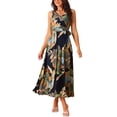 thumbnail image 2 of INSPIRE CHIC Women's Summer Boho Maxi Dresses V Neck Sleeveless Floral Flowy Split Hem Belted Casual Sundress Navy Blue L, 2 of 4