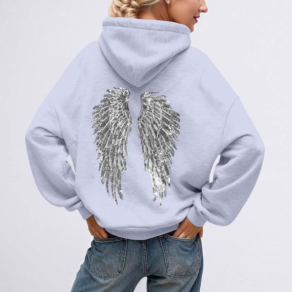 QHRMKOG Women Hoodies Relaxed Fit Wing Print Hooded Sweatshirts Fashion Long Sleeve Drawstring Pullover Hoodie Winter Warm Top with Pockets White 2XL