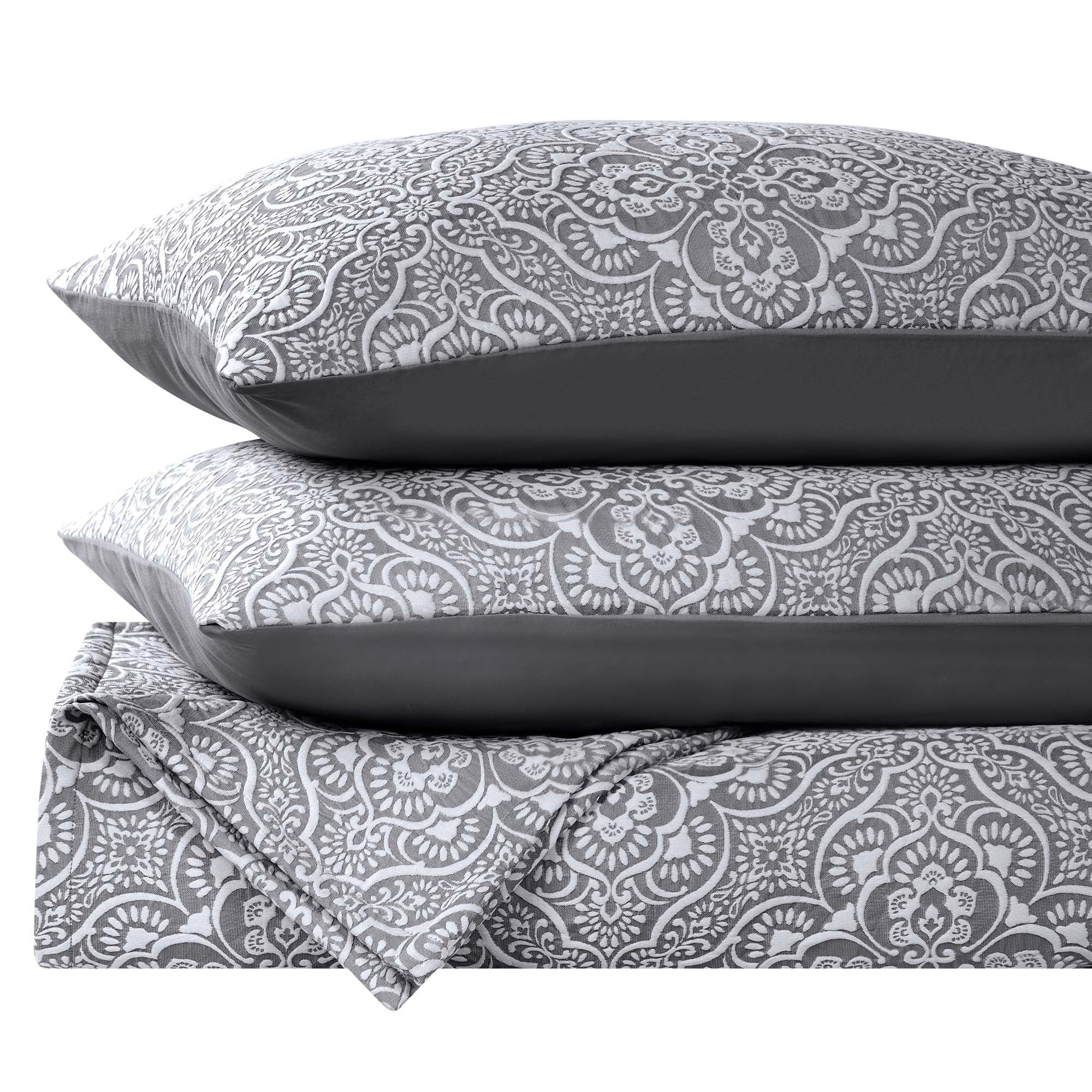 Superior Enzy Floral Matelasse Bedspread and Sham Set, 3-Piece Soft Textured Jacquard Bedspreads, King, Charcoal