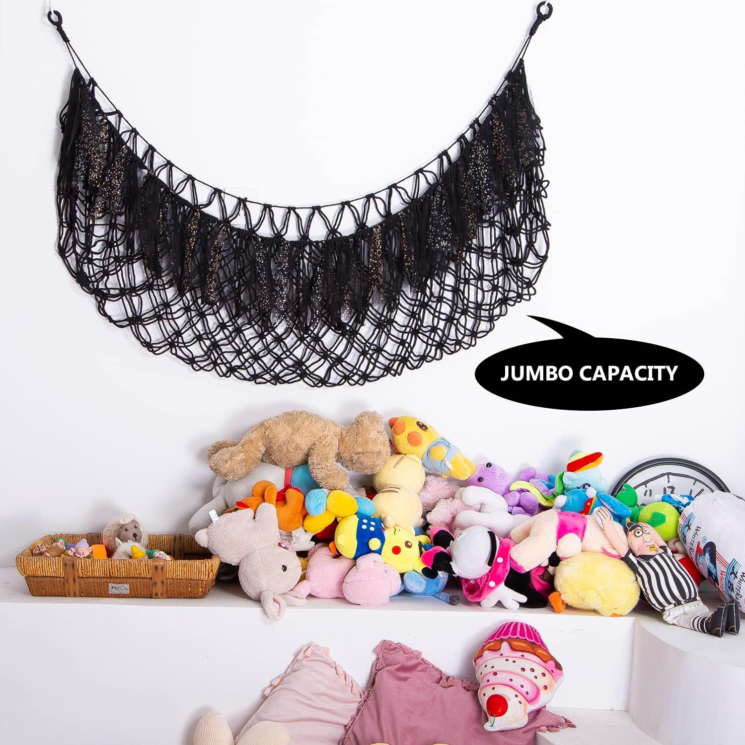 Large Stuffed Animal Hammock with Light Wall Mounted- Hammock Plushies Net Stuff Toy Organizer Boho Macrame Toy Hammock Corner Hanging Net for Nursery Storage Bedroom Playroom Decor-Black