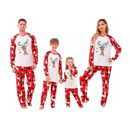 

Christmas Pajamas for Family Round Neck Reindeer Print Long Sleeve Lace T-Shirt Top Pants Pjs Women Men Kid Sleepwear