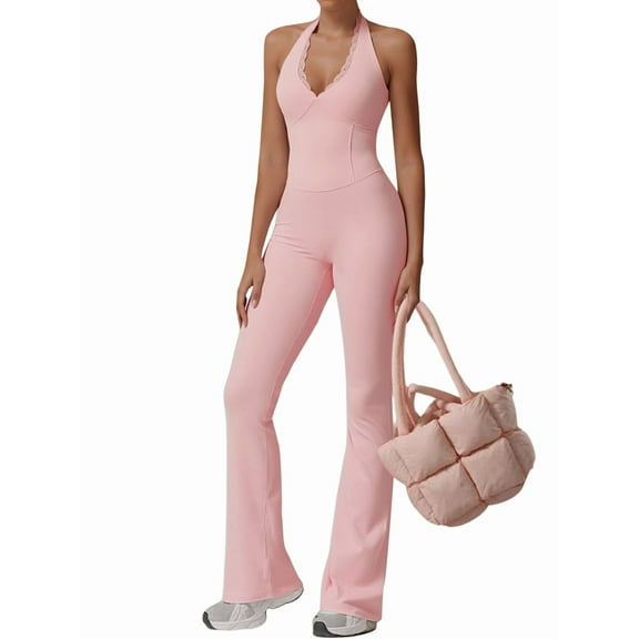 Women'S Solid Color Sleeveless V-Neck Lace-Trimmed Halter Neck Yoga Sports Jumpsuit Flared Tights Pink L