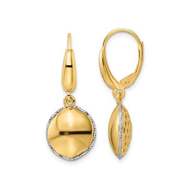 14K Yellow Gold Round Drop Leverback Earrings