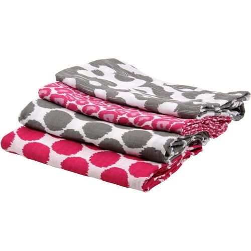 Bacati - Ikat 6-Piece Crib Bedding Set with four 100% Cotton Muslin Swaddling Blankets, Pink/Grey