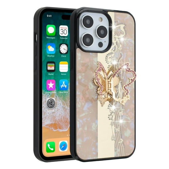 For Apple iPhone 15 Pro Max (6.7") Diamond Bling Sparkly 3D Ornaments Engraving Hybrid Ring Stand Fashion Cover ,Xpm Phone Case [ Enchanted Butterfly Gold ]