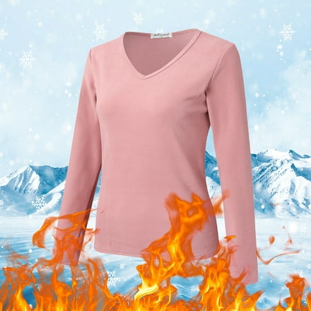 Clearance! Delayuji Women Thermal Top Crew Neck Fleece Lined Thermal Thermal Underwear Slim Tops Long Sleeve Thermal Shirts Winter Tops Womens Thermal Tops Long Sleeve Pink L