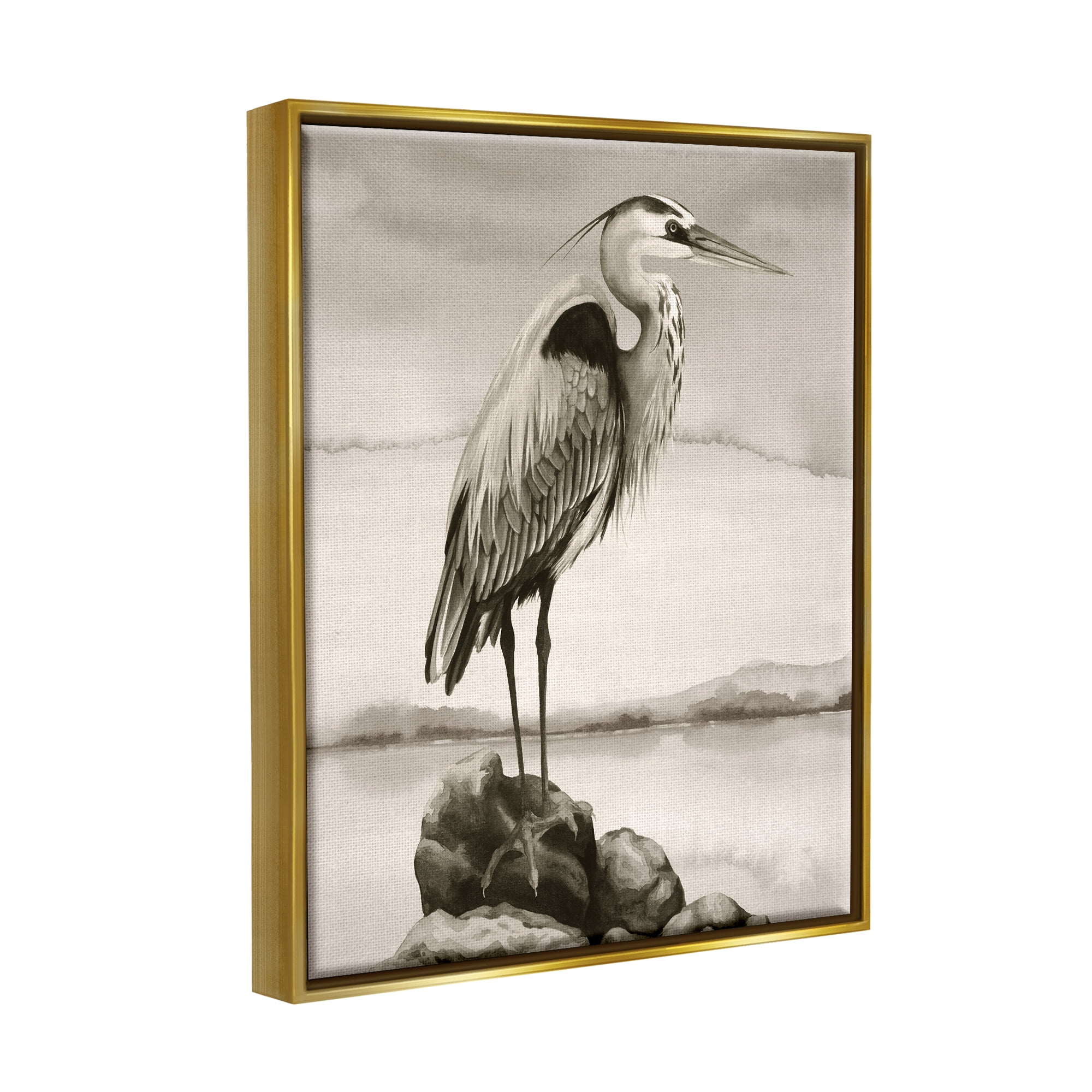 Stupell Industries Heron Perched at Sea Animals & Insects Painting Gold Floater Framed Canvas Art Print Wall Art, 17 x 21
