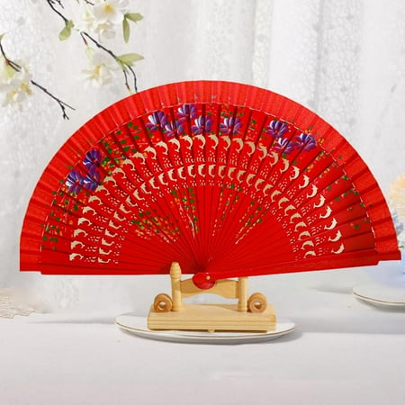 

Hadanceo Party Supplies Folding Fan Hollow Out Double-sided Craft Gift Dancing Printing Wood Spanish Hand Fan